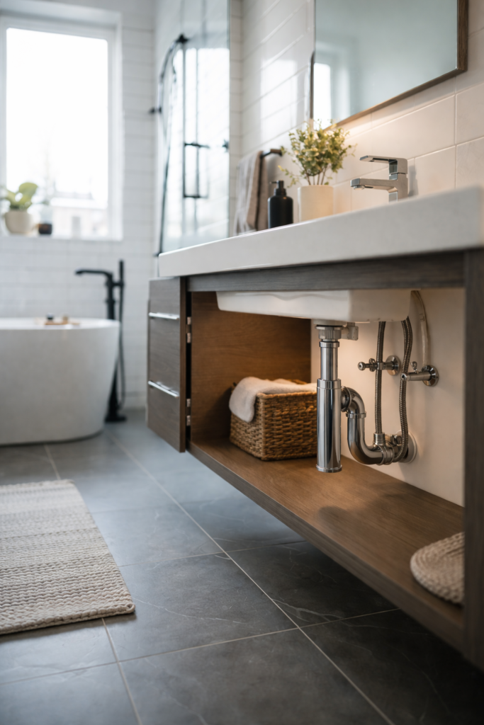 modern bathroom with exposed plumbing