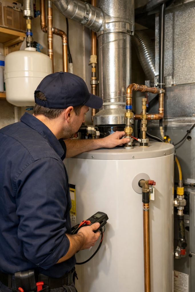 plumber inspects water heater system plumber inspects water heater system