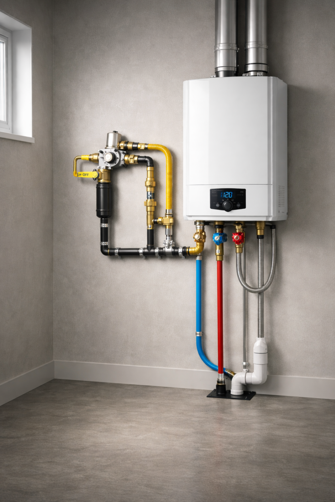 tankless water heater in utility room